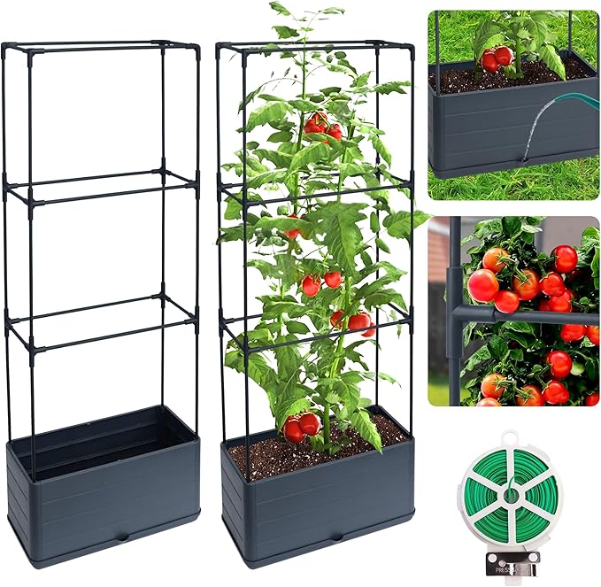 2 Packs Raised Garden Bed Tomato Planter Box with Trellis, 43.4" Self-Watering Tomato Cage with Rectangular Trellis for Climbing Plants, Flowers, Vegetables, Vine in Patio Garden Indoor Outdoor