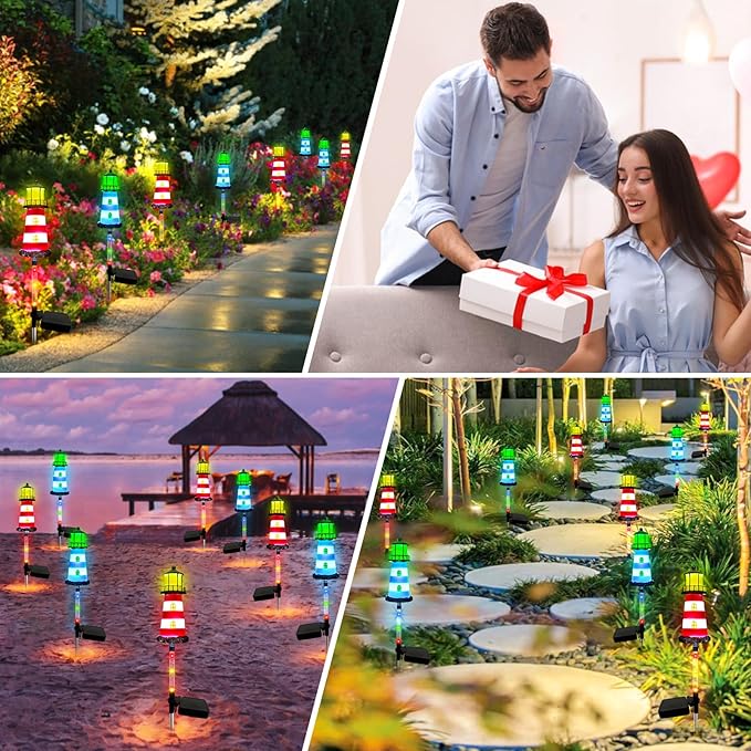 Solar Lights Outdoor 2 Pack, Solar Garden Lamps, Outdoor Decorations, Garden Decorative lamp in The Shape of a Lighthouse, a Unique Gift for Women, a Gift for Grandmother