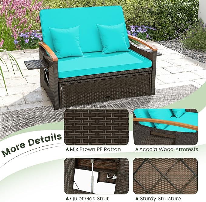 Tangkula Patio Rattan Daybed with 4-Level Adjustable Backrest, Outdoor Wicker Loveseat with Acacia Wood Armrest, Storage Ottoman & Folding Tray, Double Sunbed for Balcony, Yard & Poolside (Turquoise)