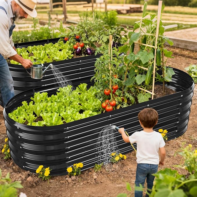 17" Tall Outdoor Garden Raised Garden Bed Kits, 5ft X 2ft Oval,0.8MM Thick Metal Raised Planter Bed/Ground Planter Box for Variety of Flowers,Herbs,Vegetables (Black, 60X24X16.5 Inches)