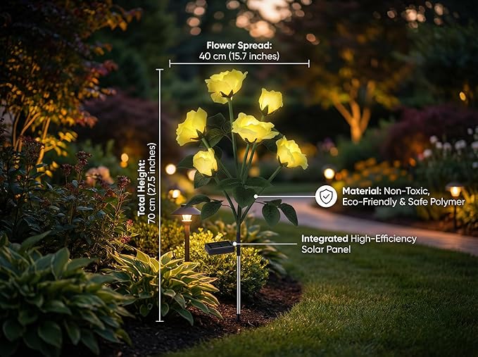 Solar Rose Lights Outdoor,2 Pack Waterproof Color Changing LED Flower Lights, with 12 LED Flowers, Solar Powered Garden Stakes for Yard, Patio, Artificial Floral Decorative Lighting, Yellow