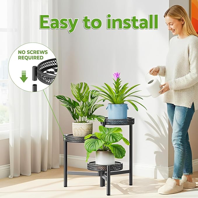 Metal Plant Stand Indoor Outdoor, 3 Tier Corner Tall Plant Shelf for Multiple Plants, Tiered Plant Stand, Heavy Duty Flower Plant Holder, Folding Tall Rack for Garden Patio Lawn Balcony - BlackWave