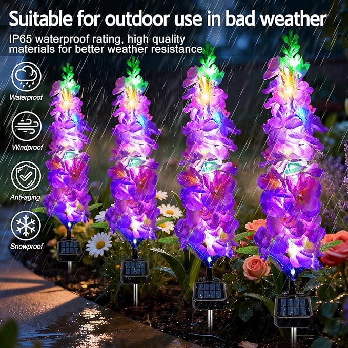 Solar Garden Lights, Solar Purple Delphinium Flowers Lights 4 Pack 80 LEDs, Waterproof Outdoor Light Two Lighting Modes for Outside Wedding Party Garden Yard Patio Lawn Decor