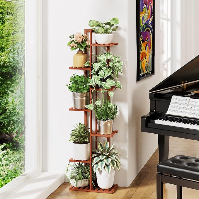 ROSSNY 55 Inch Tall Plant Stand Indoor, 7 Tier 8 Potted Bamboo Plant Stands for Indoor Plants, Corner Plant Stand, Tiered Plant Stands, Plant Shelf For Indoor, Planter Holder for Multiple Plants Indoor, Brown