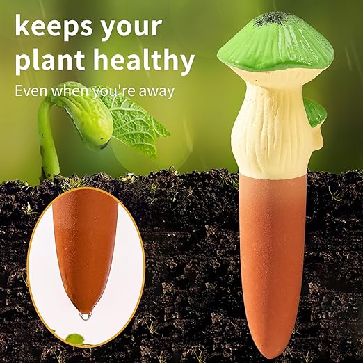 4 Pack Watering Globes - Terra Cotta Watering Spikes for Indoor Plants, Handcrafted Mushroom Shape Self Watering Devices with Slow Release System, Plant Water Bulbs for Vacation & Outdoor Pot