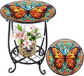 Outdoor Side Table Round Small Mosaic Patio Accent Indoor End Plant Coffee Tea Table for Yard Patio Porch Garden Living Room, Bedroom(Butterfly B Style,14 Inch)