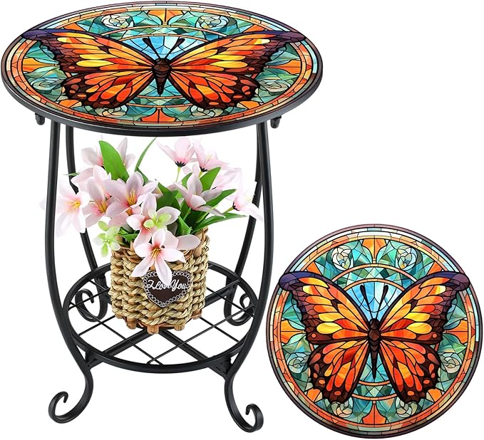 Outdoor Side Table Round Small Mosaic Patio Accent Indoor End Plant Coffee Tea Table for Yard Patio Porch Garden Living Room, Bedroom(Butterfly B Style,14 Inch)