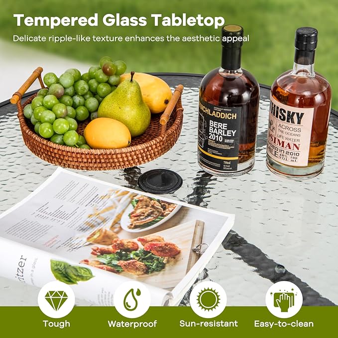 Tangkula 27.5 Inch Round Outdoor Dining Table with Tempered Glass Top, Outside Bistro Table with Umbrella Hole & Metal Frame, Patio Dining Table for Backyard, Lawn, Deck & Poolside