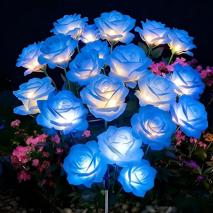 Solar Garden Rose Lights by FANCYPOP, 2 Pack Most Realistic 12 LED Flower Stake Lights, IP65 Waterproof 7 Color Changing Solar Decor for Walkway/Graveyard, Heartwarming Gifts for Grandma & Mom, Blue