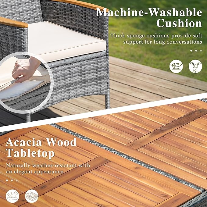 Devoko Outdoor Patio Dining Sets 9 Pieces Wicker Outdoor Dining Table and Chairs Set with Acacia Wood Table Top and Widened Armrests for Backyard, Garden, Deck (Grey)