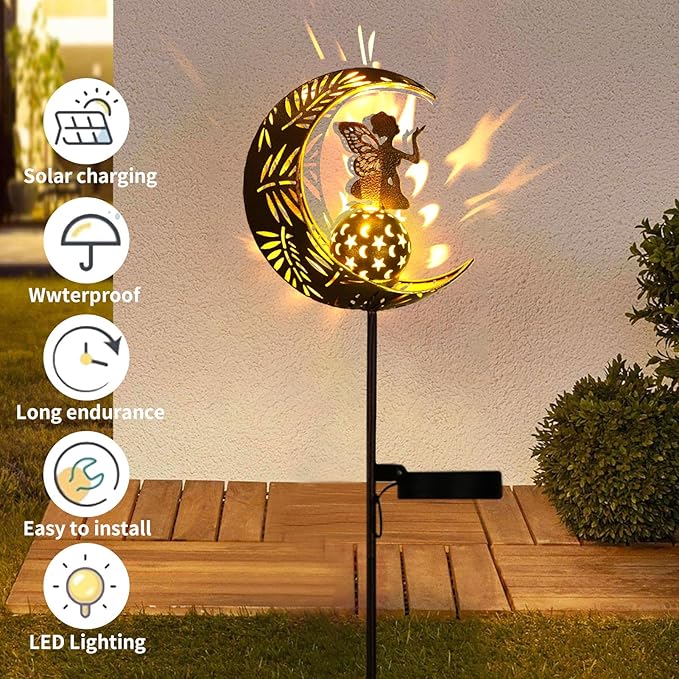 ZKLiLi Christmas Garden Solar Lights Pathway Stake Lights Moon Fairy with Angel Decor, Gardening Birthday Gift for Mom Grandma Friends, Outdoor Decor Light Waterproof for Walkway, Yard, Patio