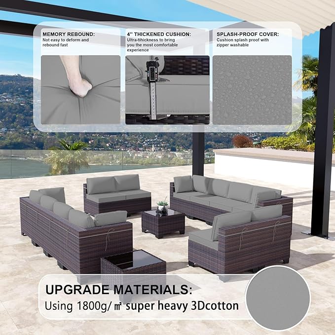 Kullavik 14 Pieces Outdoor Patio Furniture Set PE Wicker Rattan Sectional Sofa Patio Conversation Sets,Grey