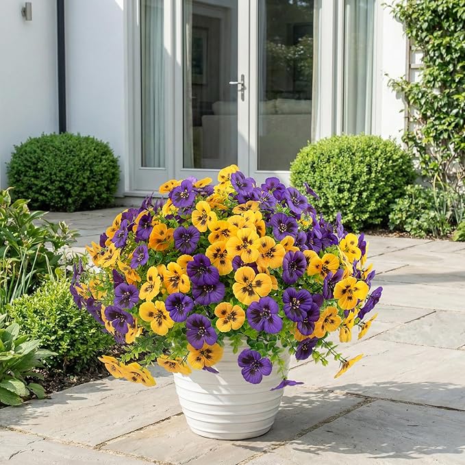 18 Pcs Artificial Fake Pansy Flowers for Outdoor, Faux UV Resistant Silk Pansies Flowers for Outside Planter Front Door Porch Yard Patio Window Box Home Decor (18, Yellow,Purple)