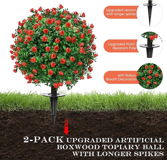Artificial Topiary Bushes for Outdoors with Spike, Boxwood Ball Fake Shrubs UV Resistant Faux Plants for Indoor Outdoor Fall Thanksgiving Halloween Decor (Artificial Boxwood Ball Bush-Red)