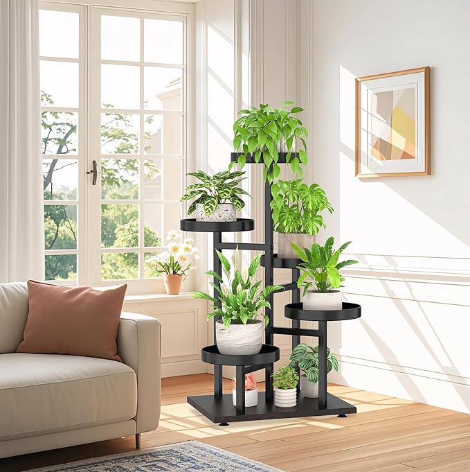 iDavosic.ly 5 Tier Plant Stand Indoor, Tiered Corner Metal Wood Multiple Flower Holder Shelf, Tall Orchid Display Rack for Patio Porch Living Room Balcony Outdoor, Black Walnut