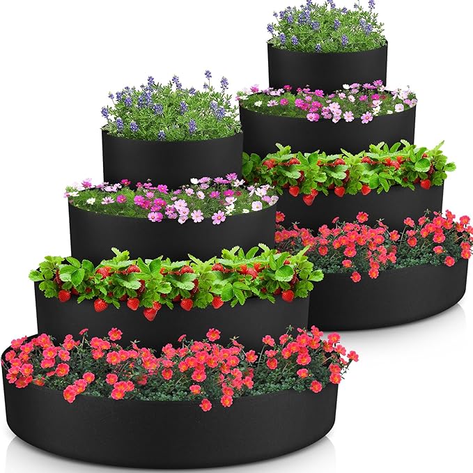 8 Pcs Plant Grow Bags 4 Tiered Strawberry Planter Tower Fabric Raised Garden Beds, 39 Inch Nonwoven Strawberry Pyramid Planter for Vegetables Flower Herbs Gardening Outdoor Growing (Black)