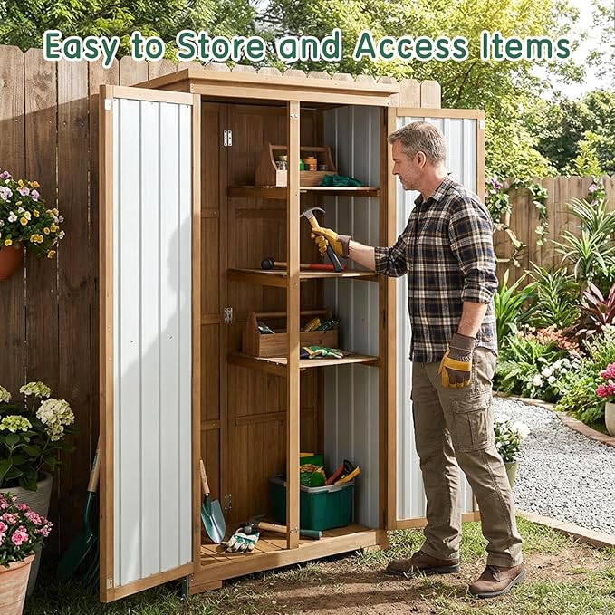Outdoor Storage Cabinet with Shelf, Wood & Metal Storage Shed with Waterproof Roof & Lockable Doors,Tall Outdoor Cabinets for Patio Backyard, Gardening Tools and Accessories, Brown
