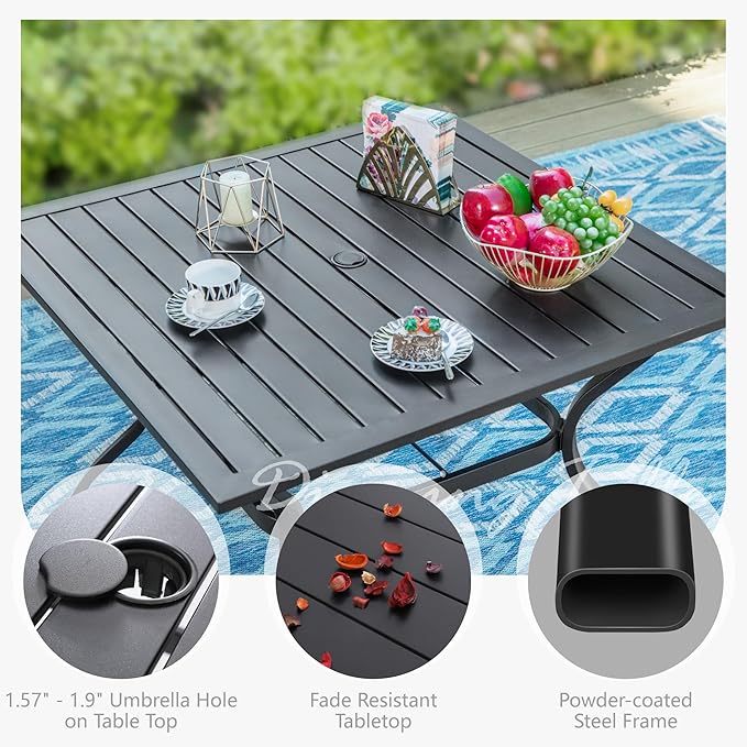 PHI VILLA 37" Patio Table for 4, Metal Outdoor Dining Table with E-Coating, Square Steel Slated Outdoor Table with 1.57" Umbrella Hole for Garden Backyard, Black
