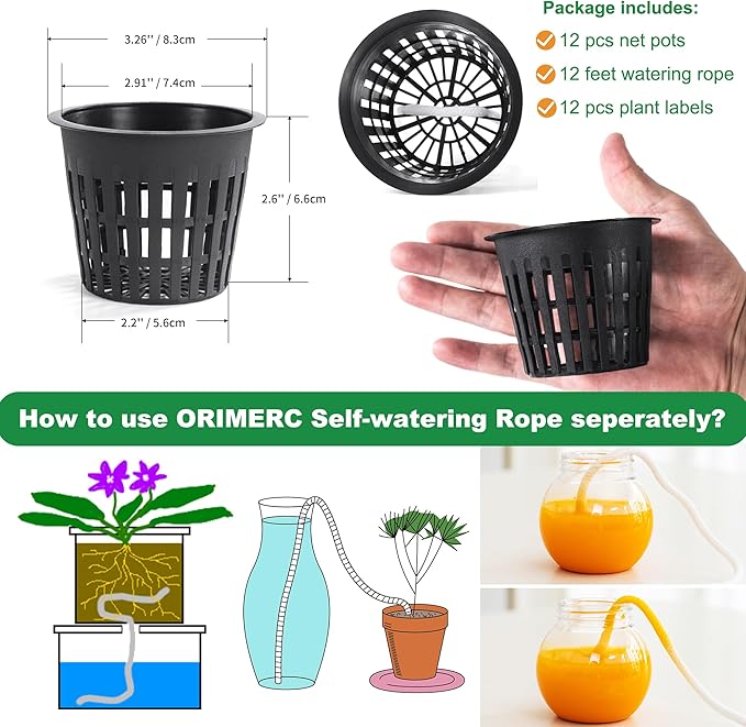 ORIMERC 12 Pack 3 inch Net Cups Pots with 12 feet Hydroponics Self Watering Wick & 12 Plant Labels Aquaponics Mason Jar Bucket Insert Orchid kratky Vegetable Garden Growing Netted Basket Slotted Mesh