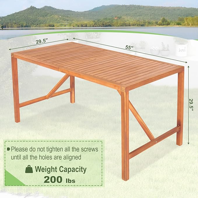 Tangkula 55" Acacia Wood Outdoor Dining Table for 4-6 Person, Rectangular Patio Dining Table with 2" Umbrella Hole and Support Bars, Indoor Outdoor Dining Furniture for Deck, Garden, Poolside & Yard