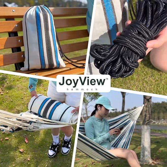 JoyView Brazilian Double Hammock with Hanging Ropes Extra Large 86.6x59” Portable Cotton Hammock for Patio Backyard Porch 450LBS Weight Capacity Perfect for Outdoor/Indoor - Blue Stripe