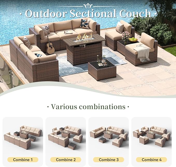 Aoxun 11 Piece Patio Furniture Set with 44” Fire Pit Table Wicker Rattan Outdoor Sectional Sofa Set with Coffee Table and Thickened Cushions, Beige (Waterproof Cover Included)