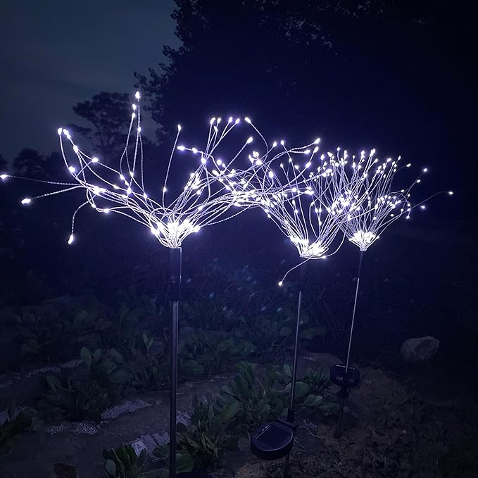 JJGoo Solar Firework Lights, 2 Pack 135 LEDs 2 Lighting Modes Solar Lights Outdoor Waterproof for Garden Patio Walkway Pathway Party Wedding Christmas Decorative - White