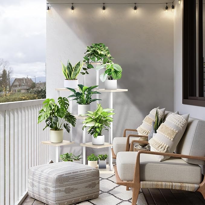 7 Tier Plant Stand Indoor, Thickened Metal Wood Corner Plant Shelf Stands for Multiple Plants, Indoor Tall Plants Stand Tiered Flower Holder for Living Room Patio Garden Balcony(White+Oak)
