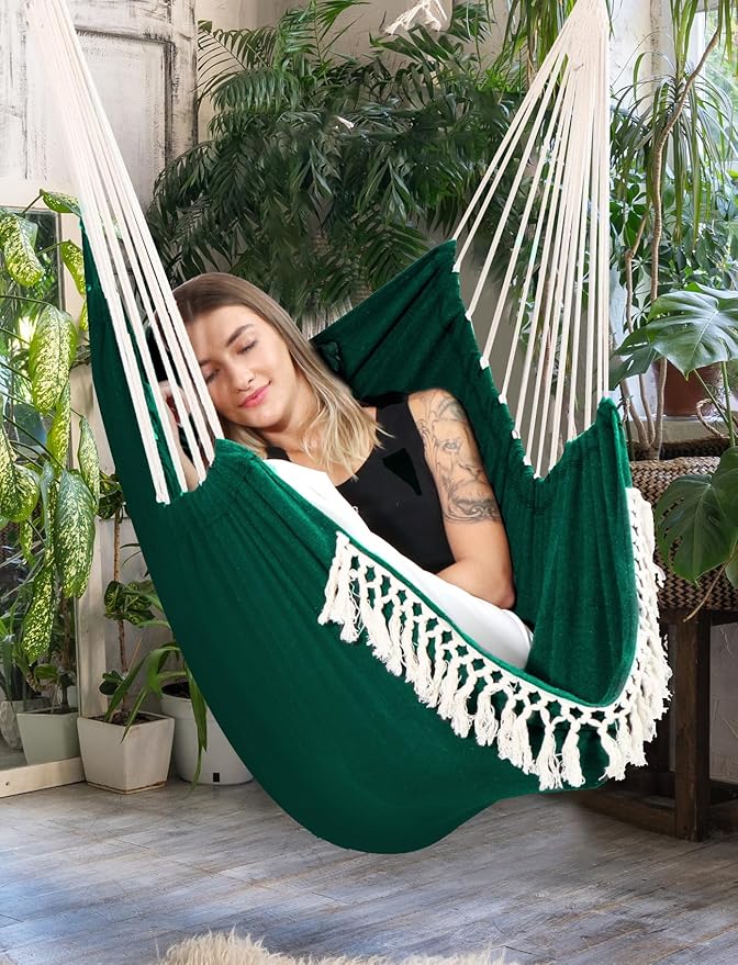 Chihee Hammock Chair Hanging Swing Max 500 Lbs 2 Cushions Included Metal Spreader Bar with Anti-Slip Grooves Portable Hanging Chair Side Pocket Large Macrame Bohemian Chair Indoor Outdoor