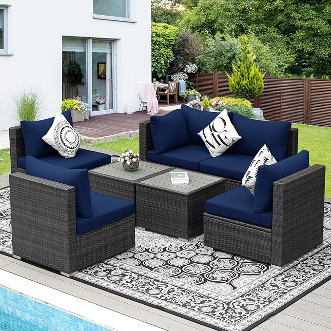 NICESOUL 7 Piece High-End Outdoor Furniture Sofa Set, 29.3'' High Back XL Large Grey Wicker Patio Modular Sectional with Side Tables, All-Weather Couches for Backyard Deck, 2 Color Cushion Navy & Grey