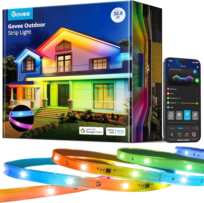 Govee Outdoor LED Strip Lights, 32.8ft Smart Outdoor Lights Work with Alexa and Google Assistant, App Control, IP65 Waterproof, RGBIC LED Lights for Patio, Eave, Holiday Decorations