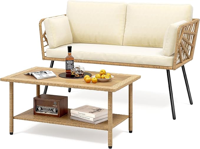 DWVO 2-Piece Patio Set, Wicker Loveseat with Plush Cushions & Rattan Side Table, All-Weather Outdoor Conversation Furniture for Balcony, Deck, Backyard, Poolside