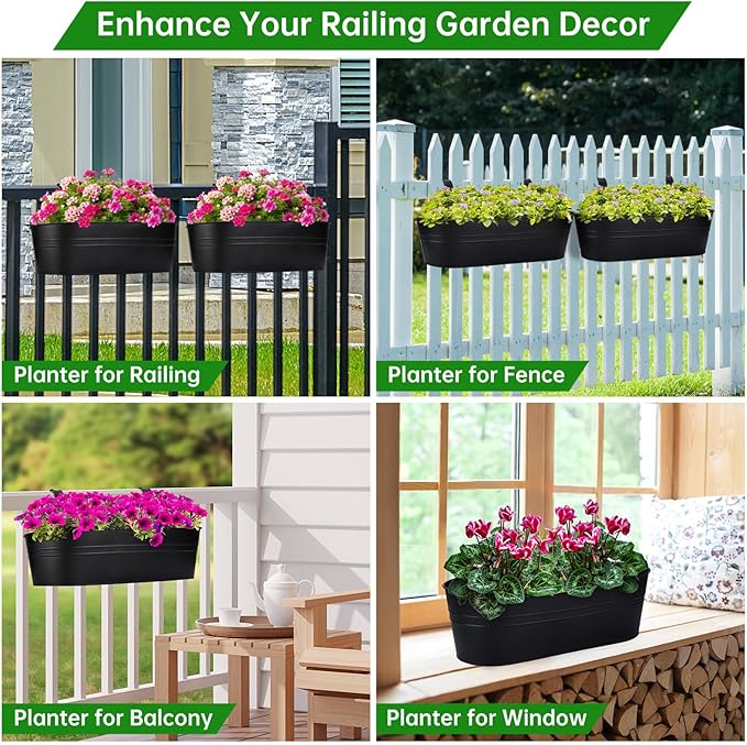 OGIMA Railing Planter Box, 3 Pack 16" Large Hanging Planters for Outdoor Plants with Adjustable Wide Hooks for 2.7'' Railings, Balcony Planters Railing Hanging for Deck, Fence & Patio Decor