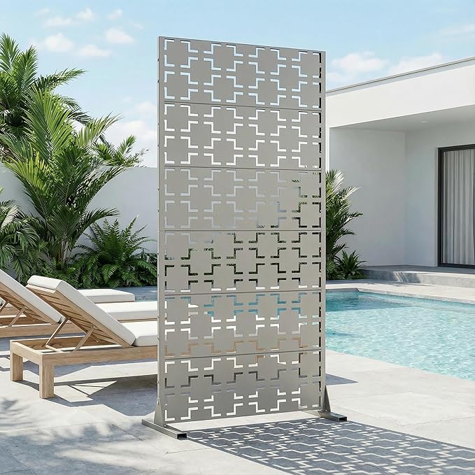 Casaphoria Metal Privacy Screen Outdoor, 72" H x 35" W Freestanding Decorative Privacy Screen for Patio Deck Balcony Garden with Stable Base, Grey-Square