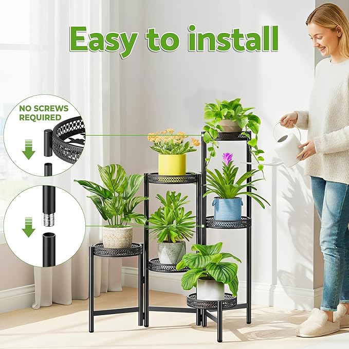 6 Tier Metal Plant Stand Indoor Outdoor, Corner Tall Plant Shelf for Multiple Plants, Foldable Heavy Duty Plant Holder, Decoration Flower Stand for Living Room Balcony Patio Garden- BlackWave