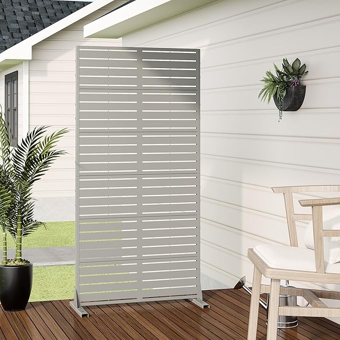 Casaphoria Metal Privacy Screen Outdoor, 72" H x 35" W Freestanding Decorative Privacy Screen for Patio Deck Balcony Garden with Stable Base, Grey-Louvered