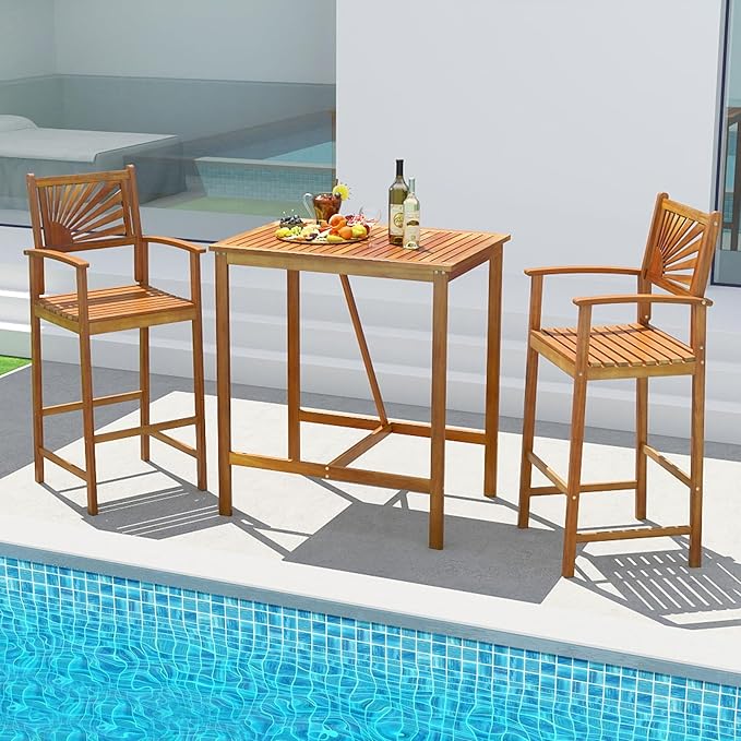 Tangkula 3 Piece Patio Bar Table & Chairs, Outdoor Acacia Wood Bar Set w/Slatted Seat & Tabletop, Wood Dining Bar Set w/Backrest, Armrests & Footrest for Backyard, Poolside, Balcony