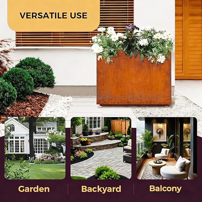 Tall & Long Corten Steel Style Planter with Middle Shelf, 36W x 11D x 30H Large Rectangular Outdoor Planter Box, Paint-free Metal Garden Planter for Patio, Yard, Balcony | Easy 5-Min Assembly, Rust