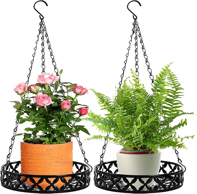 2 Pack Hanging Planters, 9.8 Inch Metal Plant Hanger, Decorative Glossy Black Plant Pot Holder, Planter Hanging Baskets with Chains and Hooks for Indoor or Outdoor Balcony Porch Home Decor
