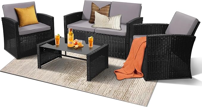4-Piece Patio Furniture Set, Wicker Outdoor Rattan Sectional Sofa with Cushions and Glass Table, All-Weather Outdoor Conversation Set, Ideal for Garden, Porch, Backyard, Grey