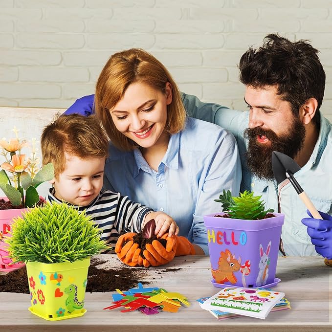 Capoda 48 Sets Garden Flower Pots Crafts Kit DIY Spring Plastic Seedling Nursery Pots with Stickers Plant Labels Growth Charts Planting Growing Tools Classroom Activities Project Gifts (Square)