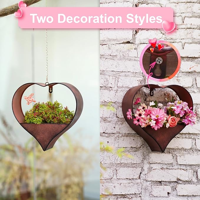 Metal Plant Hangers Indoor and Outdoor: Easter Gifts for Mom Women Her Wife Garden Lovers Birthday - Heart Shape Hanging Planters for Window Wall Living Room Office Decor(Rustic)