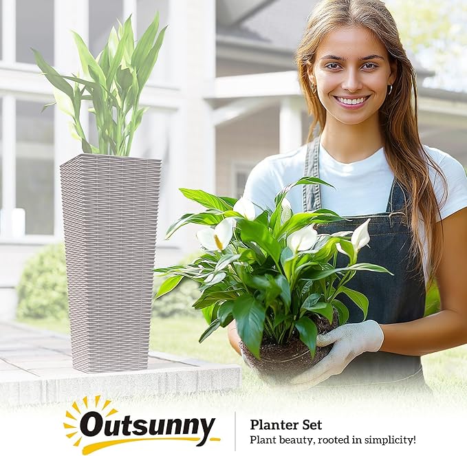 Outsunny 32 Inch Tall Planters for Outdoor Plants, Set of 2 Plastic Rattan-Like Flower Pots with Drainage Holes, Stackable Tapered Planters for Indoor Plants, Front Porch, Brown