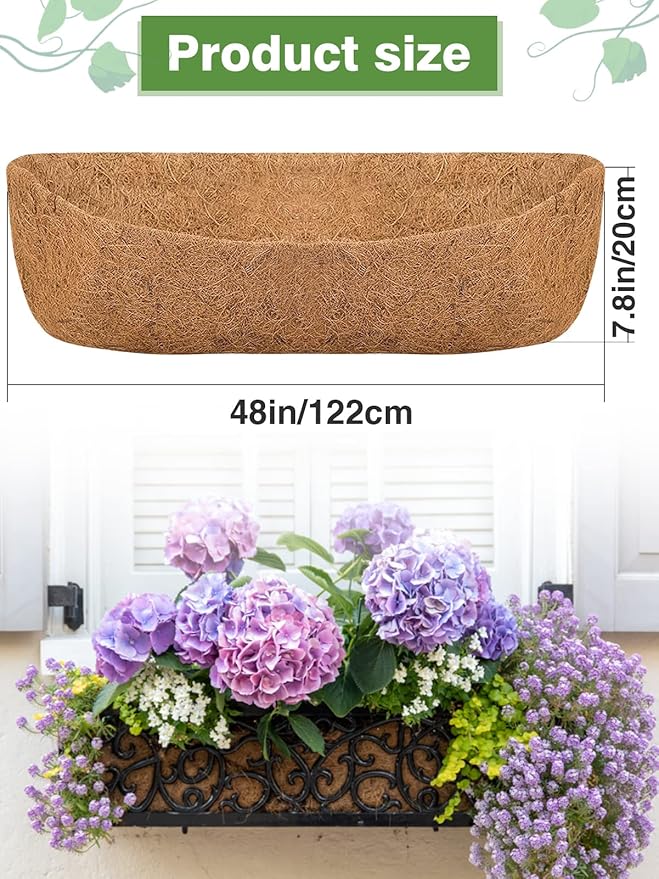 48in Coco Liners for Window Planter Box - 3 Pack 100% Natural Coconut Coir Fiber Liner Replacement for Deck Flower Box, Garden Railing Fence Trough, Wall Planter Basket, Vegetables Pot