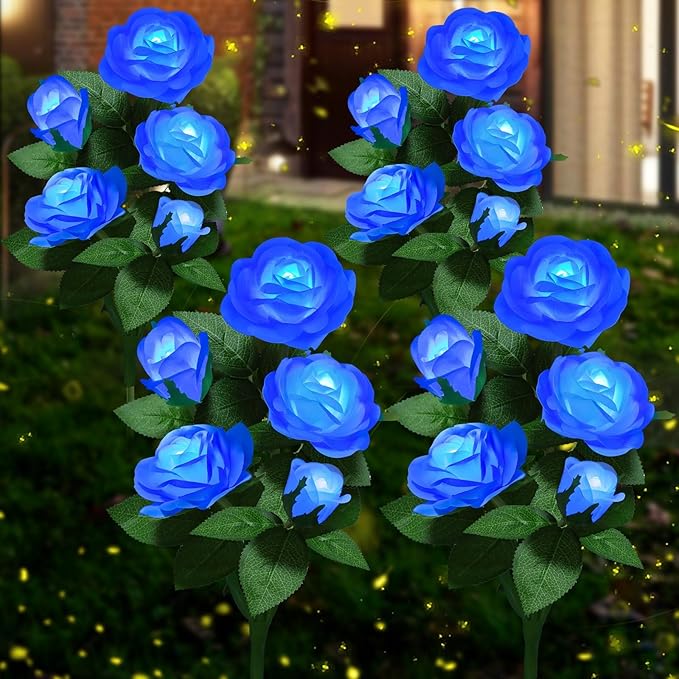 Solar Flower Lights Outdoor - Upgraded New Material Two Modes Realistic LED Solar Powered Waterproof Lights with 5 Roses, Solar Decorative Stake Lights for Garden (Blue, 4 Pack)
