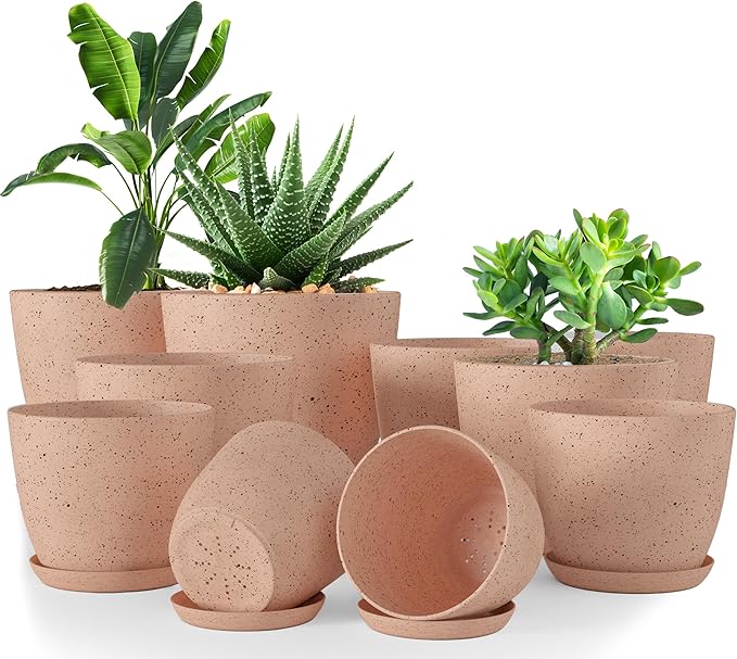 Utopia Home - Spotty Plant Pots Indoor with Drainage - 7/6.6/6/5.3/4.8 Inches Flower Pots - 10 Pack Plastic Planters - Ideal for Stocking Stuffers - (Speckled Peach Pink, Pack of 10)