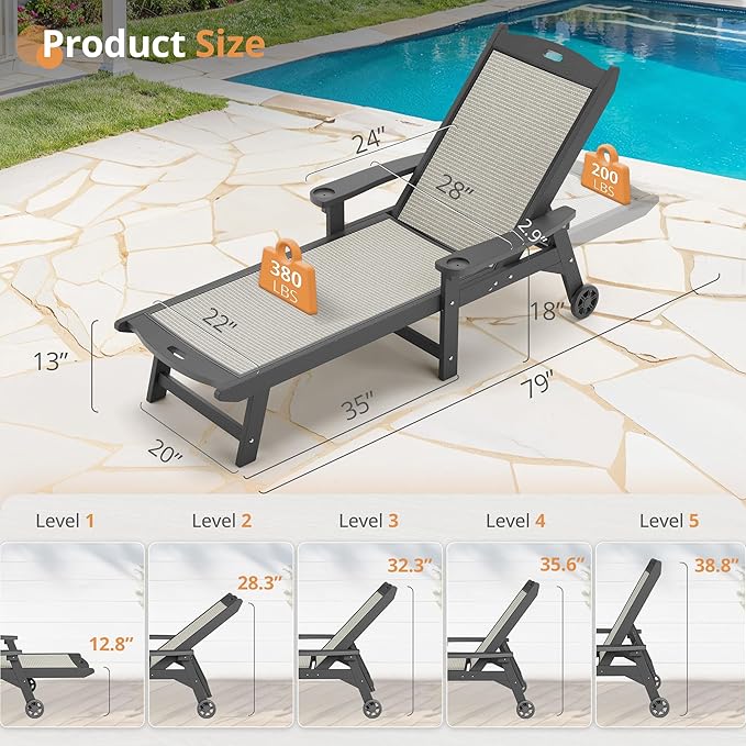 LUE BONA Chaise Lounge Chair Outdoor Set of 4, HDPS and HDPE Wicker Material, Patio Lounge Chair with Adjustable Backrest, Resin Pool Lounge Chairs with Wheels for Backyard, Poolside and Deck