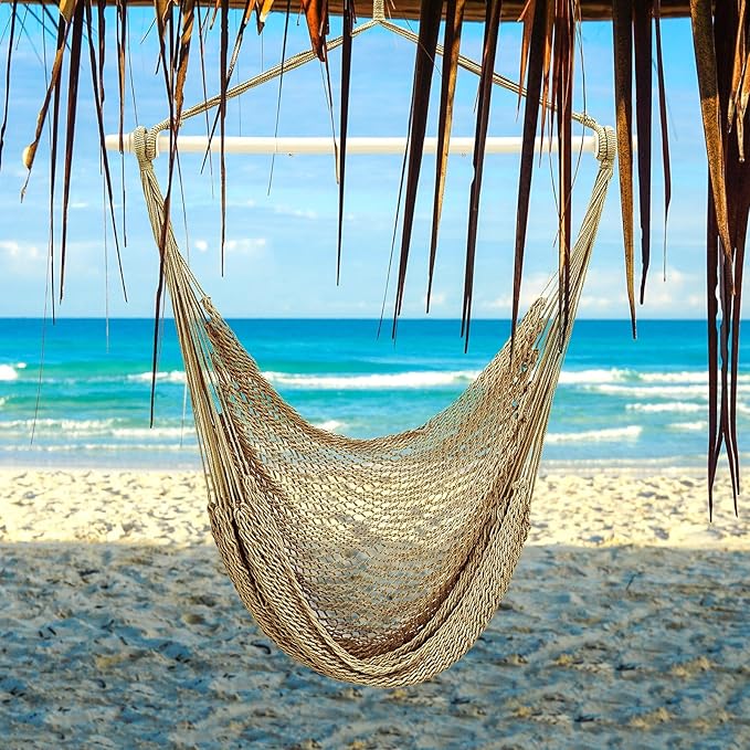 Barydat 2 Pcs Hanging Hammock Chair Boho Swing Chair Indoor Outdoor Cotton Rope Weaving Chair with 40 Inch Detachable Metal Bars for Backyard Living Room Bedroom Garden(Brown)