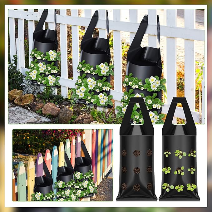 10 Pcs Hanging Flower Pot Bag with 9 Slits Hanging Grow Bags Flower Planting Bag Handle Grow Pouch Planter for Outdoor, Wall, Garden, Plant, Tomato, Strawberry