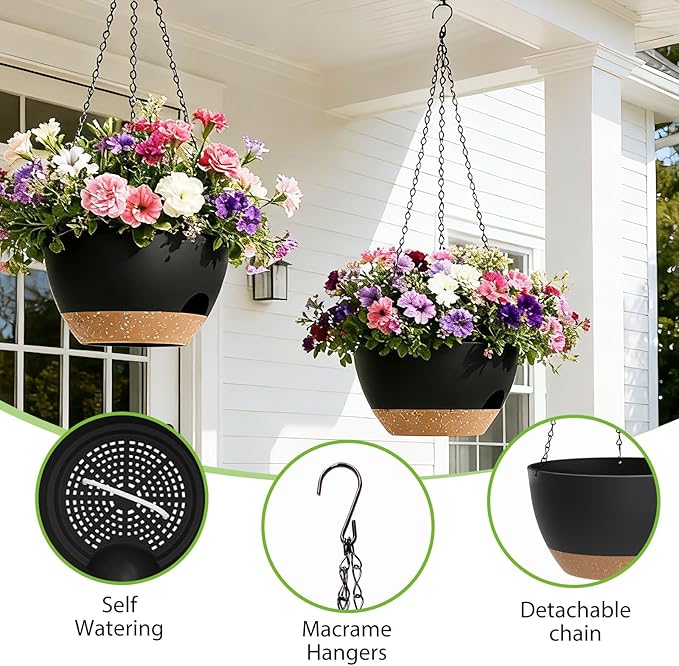 8 Inch Hanging Planters for Indoor Outdoor Plants, 4 Pack Black Brown Plastic Self Watering Hanging Baskets with Drainage Holes and Chain for Garden Porch